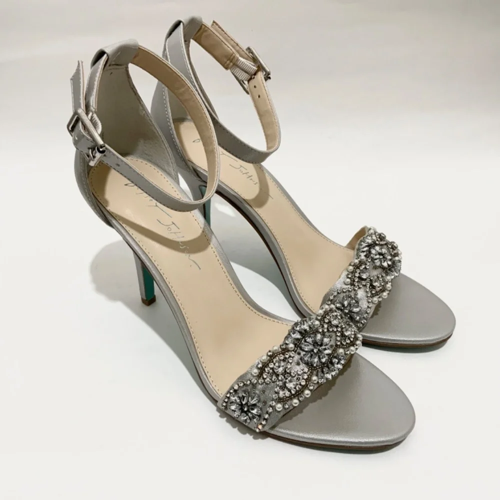 Betsey Johnson Gina Jeweled Ankle Strap Dress Sandals Silver Satin Stiletto Heel - Picture 6 of 14